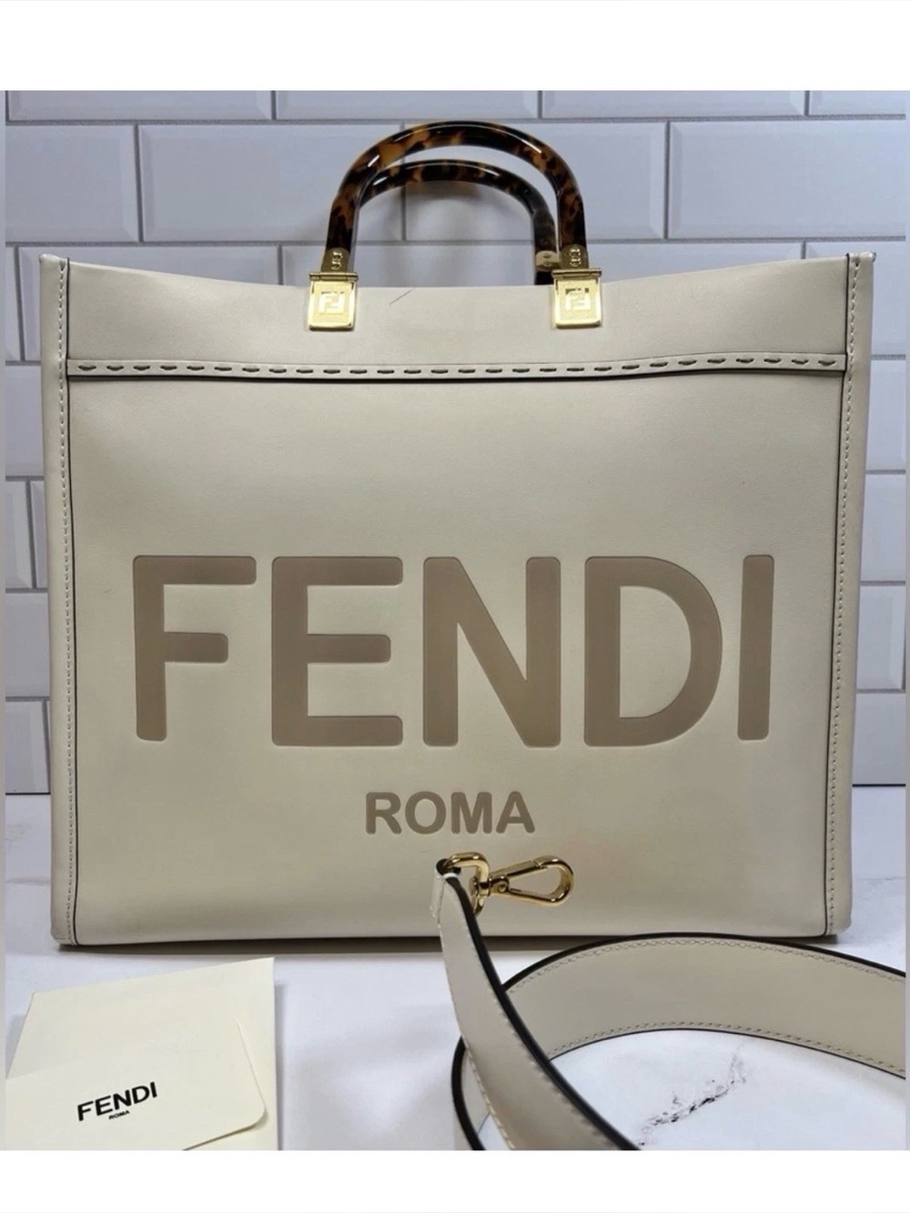 Fendi Roma Sunshine Tote, Cream with Tan Logo 
, and Gold Accents, Size: Medium